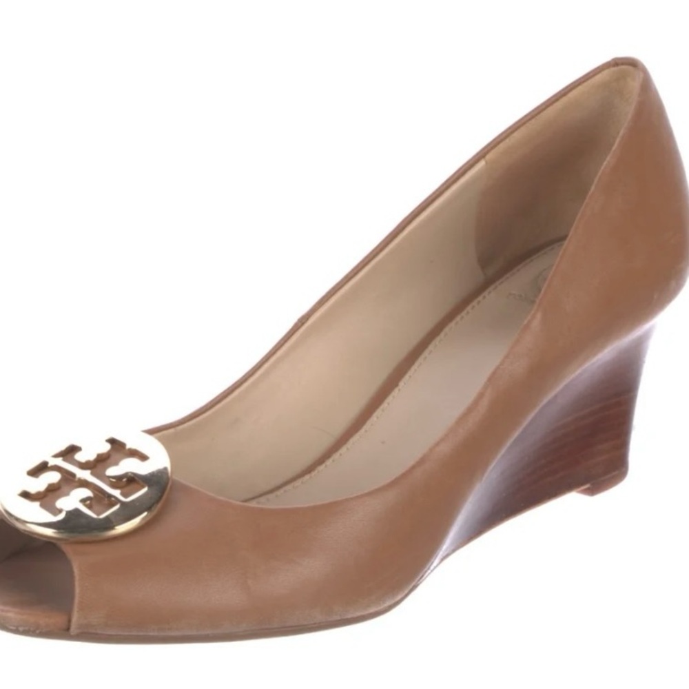 Tory Burch camel leather peep toe wedges